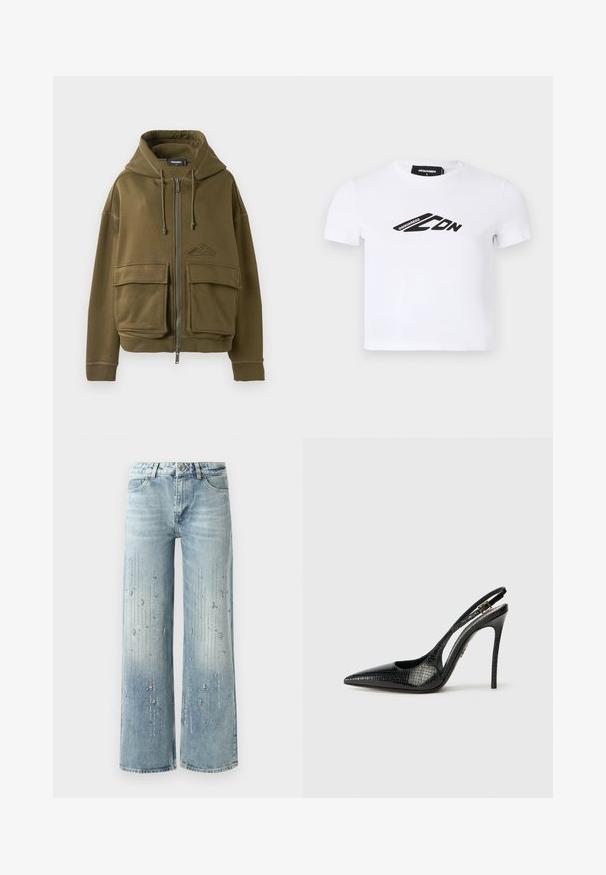 Felpa con zip di colore verde oliva, dotata di cordini, due grandi tasche anteriori con pattina, polsini a costine e un piccolo logo sul petto sinistro.; T-shirt bianco a maniche corte in cotone, con una stampa del logo nero sulla parte anteriore. Design classico a collo rotondo con una forma aderente.; Jeans larghi di denim di colore azzurro chiaro, con un effetto sfumato e decorazioni di strass argentati disposti in un motivo verticale.; Décolleté nera con punta affilata, motivo in rilievo a serpente, tacco a stiletto e una fibbia decorativa sulla cinghia.