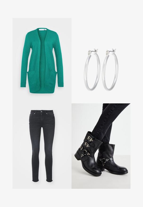 VILA VIRIL OPEN CARDIGAN - Kardigán - ultramarine green dark melange; Čierny dlhý rukáv body s vysokým golierom, s pevným látkovým trupom a priehľadnými sieťovinovými rukávmi, navrhnuté v priliehavom strihu.; Čierne džíny Skinny s stredne vysokým pásom, piatimi vreckami a roztrhnutým okrajom. Tkanina má hladkú textúru s miernym elastickým efektom.; Čierne kožené členkové čižmy so tromi prackami, zaoblenou špičkou a nízkym blokovým podpätkom. Dizajn obsahuje hladké a textúrované panely.; Strieborné kruhové náušnice s hladkým, lesklým povrchom. Kolový tvar a bezpečné klikanie na uzatváranie. Ľahký dizajn vhodný na každodenné nosenie.
