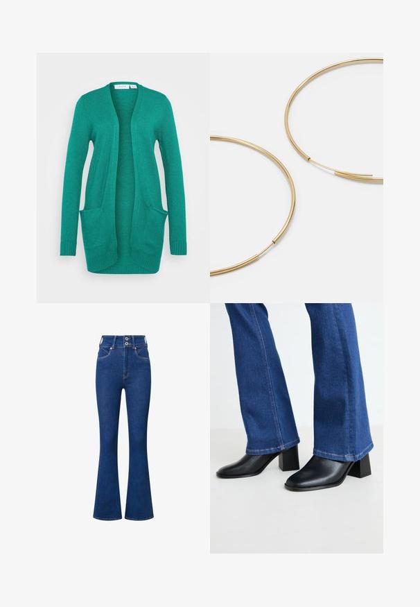 VILA VIRIL OPEN - Cardigan - ultramarine green dark melange; Top corto a maniche lunghe verde lime con scollo rotondo e orlo asimmetrico. Leggero, con texture a coste e dettagli di cucitura decorativa.; Jeans a vita alta svasati in denim blu scuro. Presentano una chiusura a due bottoni, tasche anteriori e dettagli di cucitura sottili lungo le cuciture.; Stivali neri in pelle alla caviglia con punta quadrata e tacco a blocco, abbinati a pantaloni svasati in denim blu con cuciture a contrasto all'orlo.; Orecchini a cerchio color oro, sottili e rotondi, con una finitura metallica liscia e senza decorazioni o motivi.