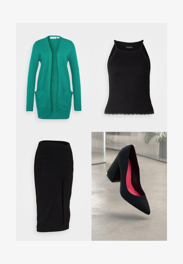 VILA VIRIL OPEN CARDIGAN - Kardigán - ultramarine green dark melange; Čierny rebrovaný top bez rukávov so zvlneným čipkovým lemovaním na spodnom leme. Má tenké ramienka a priliehavý strih. Vyrobené z elastického materiálu.; Čierna, riasená ceruzková sukňa s viazaním a bočným rozparkom. Vyrobená z elastického materiálu, s hladkou textúrou a priliehavým dizajnom.; Čierna lodička na vysokom opätku s špicatou špičkou, štruktúrovaným povrchom a živým ružovým interiérom. Obsahuje robustný opätok so strieborným akcentom.