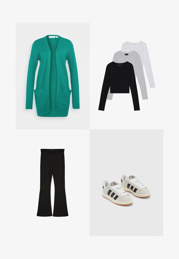VILA VIRIL OPEN - Cardigan - ultramarine green dark melange; Tre magliette a maniche lunghe impilate: nera, grigia e bianca. Ognuna ha un colletto rotondo e un design accorciato con tessuto morbido e leggero.; Leggings a zampa nera realizzati in un tessuto elasticizzato. Presentano una vita alta e una superficie liscia, con una silhouette aderente che si ampia all'orlo.; Sneakers in suede grigio con lacci bianchi, strisce nere e suola in gomma bianca. Presentano un logo circolare sulla linguetta e una suola in gomma.