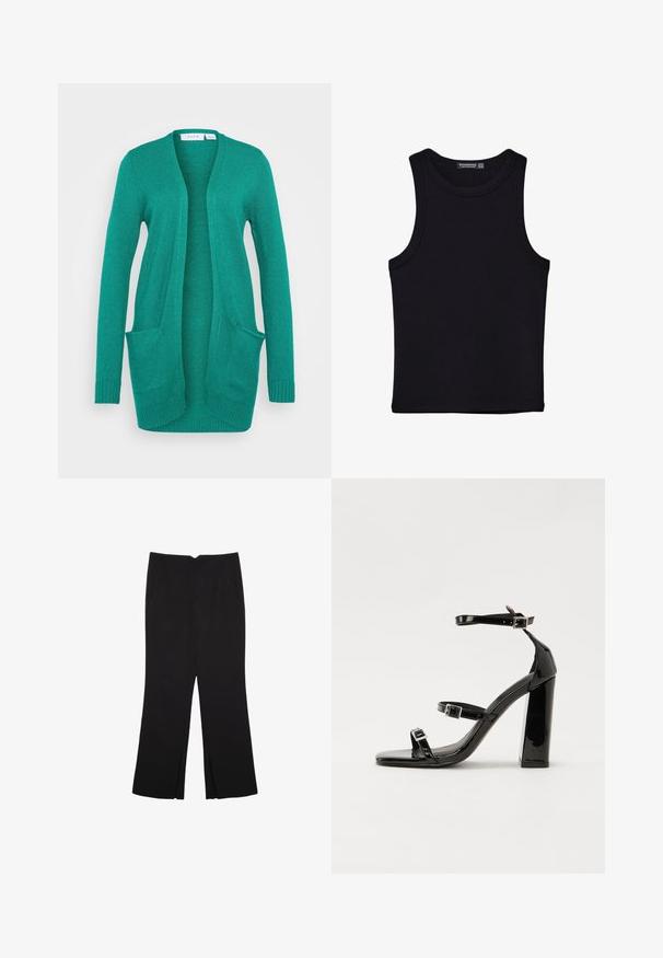 VILA VIRIL OPEN - Vesta na kopčanje - ultramarine green dark melange; Crni top bez rukava od pamuka, s okruglim izrezom i širokim izrezima za ruke. Glatka tekstura s ušivenim rubovima. Klasičan, minimalistički dizajn.; Crne hlače ravnog kroja, s prednjim džepovima i bočnim prorezima na rubu. Izrađene od mekog i glatkog materijala. Pogodne za razne prigode.; Crne lakirane sandale na visoku petu s dva remena s kopčama, kvadratnim vrhom i masivnom blok petom, s glatkom, sjajnom teksturom.