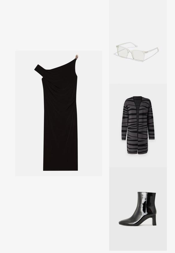 Pitkä neuletakki, jossa on musta-harmaa tiikeri raidoituskuvio, avonainen etuosa, valmistettu pehmeästä ja teksturoidusta kankaasta, pitkähihaiset.; Musta yksiolkaiminen mekko, joka on valmistettu laskostetusta kankaasta ja jossa on kultainen yksityiskohta olkasaumassa, sileä pinta ja polvipituinen malli.; Musta patenttilakattu nilkkuri, jossa on terävä kärki ja keskipitkä lohkarekorko. Silkkinen pinta ja minimalistinen muotoilu.; Selkeä muovinen neliönmuotoinen kehyslasit, joissa on läpinäkyvät linssit ja kultaset mäntäraudat lisäämään yksityiskohtia.