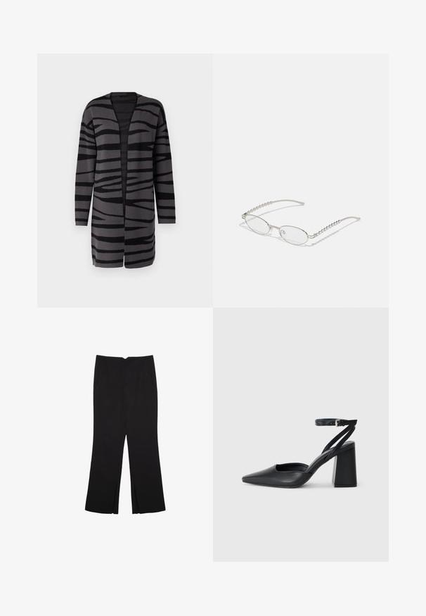 Dolga kardigan z vzorcem zebra v črno-sivih odtenkih, z odprtim sprednjim delom, izdelan iz mehkega in teksturiranega blaga ter dolgimi rokavi.; Bela brezrokavnica s okroglim izrezom. Narejena iz gladkega materiala, ima sproščen kroj in minimalističen dizajn. Brez vzorcev ali okrasnih elementov.; Črne hlače ravnega kroja z naglavnimi žepi in stranskimi razporki na robu. Narejene iz mehke, gladke tkanine. Primerne za različne priložnosti.; Črne usnjene klasične čevlje z ostrim nosom, z zaponko za gleženj in debelim peto. Ravna tekstura, eleganten dizajn in minimalistična estetika.; Ovalna očala s kovinsko srebrnim okvirjem, prozornimi lečami in teksturiranimi perlastimi detajli na stenah. Lahka zasnova z ukrivljenimi ročaji.; Jasni in jantarni smolnati prstani, en je gladek in prozoren, drugi pa s teksturiranim jantarjem. Obe imata zaobljene, debele oblike.