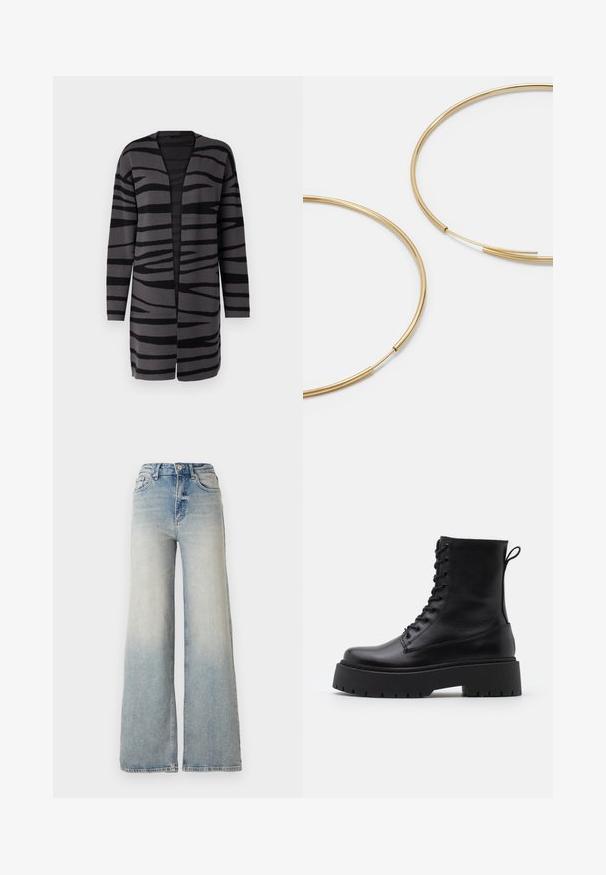 Dolga kardigan z vzorcem zebra v črno-sivih odtenkih, z odprtim sprednjim delom, izdelan iz mehkega in teksturiranega blaga ter dolgimi rokavi.; Črn dolg rokav vrh, izdelan iz gladkega blaga, z okroglim izrezom in nabrano obdelavo na ramenih in manšetah.; Svijetloplave široke traperice s visokim strukom, koje imaju pet džepova i vidljivo šivanje uz šavove.; Črne usnjene gležnjarje z okroglo konico, vezalnim sprednjim delom in debelim gumijastim podplatom z teksturiranim profilom. Zanka na hrbtni strani.; Zlate obroče ušesne uhane, tanke in krožne oblike, z gladko kovinsko površino brez okrasnih elementov ali vzorcev.