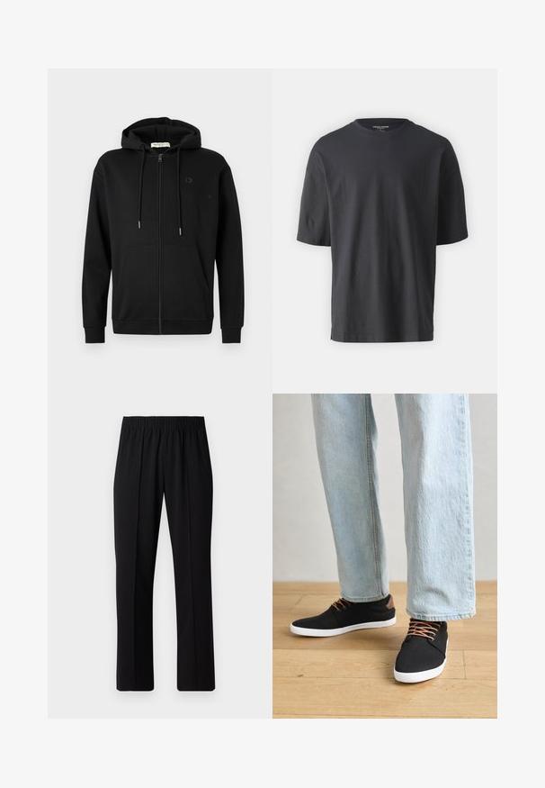 Melna rāvējslēdzēja kapuce ar priekšējām kabatām, regulējamu šnīci uz kapuces un diskrētu logotipu kreisajā krūtī uz vienkārša baltā fona.; Melnas īsām piedurknēm t-krekls, kas izgatavots no kokvilnas, ar apaļu kakla izgriezumu un brīvu piegriezumu. Nav redzami nekādi raksti vai akcenti.; Melni elastīgi bikses ar taisnas kājas dizainu, ar gludu tekstūru un bez redzamām zīmēm vai detaļām.; Melnas auduma čības ar brūniem akcentiem, baltām gumijas zolēm un brūnām šņorēm, kombinētas ar gaiši ziliem taisnajiem džinsiem. Koka grīdas fons.