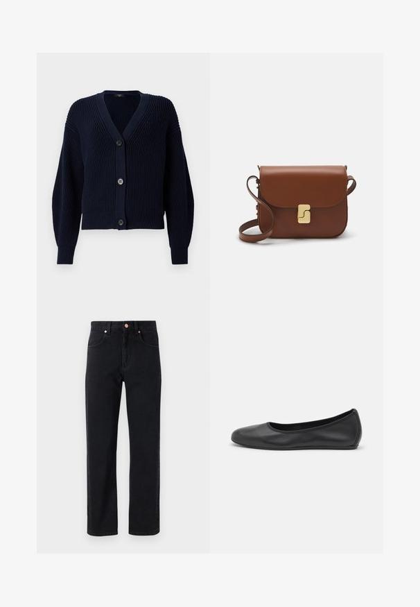 Granatowy kardigan prążkowany z dekoltem w kształcie litery V, z dwoma dużymi guzikami z przodu oraz długimi rękawami o strukturalnym wykończeniu.; Biała koszulka krótki rękaw wykonana z materiału prążkowanego. Okrągły dekolt, regularny krój i subtelne detale szwów. Bez wzorów ani grafik.; Czarne dżinsy o prostym kroju nogawki, pięciopunktowym wzorze, z mosiężnymi detalami na guzikach i minimalnie widocznym szwem.; Czarne skórzane baletki z zaokrąglonym noskiem, gładką fakturą, minimalnymi przeszyciami i elastycznym designem podeszwy.; Brązowa skórzana torebka na ramię z klapką, złotymi detalami, paskiem na ramię i gładką teksturą. Kompaktowy prostokątny kształt.