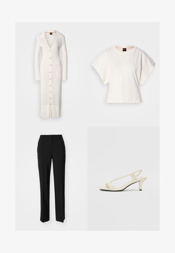 Long white knitted cardigan dress with a collar, featuring button closure, ribbed texture, and patterned accents throughout.; White cropped T-shirt, short wide sleeves, soft cotton material, round neckline with subtle orange trim, minimal design, no patterns or graphics.; Black tailored trousers with a straight-leg design, featuring a smooth texture and crisp creases along the front. No visible hardware.; Beige block-heeled sandals with thin straps and a square toe. Smooth material with minimal detailing, designed for easy wear.