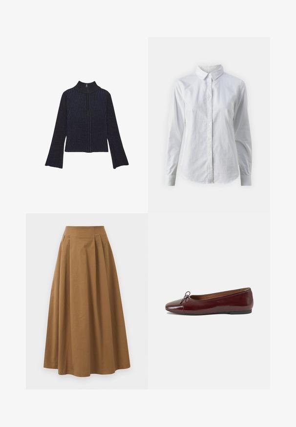 Mørkeblå ribbet turtleneck sweater med lange ærmer. Stoffet har en subtil glans og lodrette striber. Lynlåsdetalje ved halsen.; Hvid skjorte med knapper lavet af glat bomuld, der har en klassisk krave, lange ærmer og en buet kant. Knapperne er små og hvide.; Brun bomulds A-linjeet nederdel med høj talje, præget af læg foran og en glat tekstur. Endeafslutningerne er enkle og rene.; Bordeaux patentlæder balletflad med rund tå, lille sløjfeaccent foran og en lav, sort gummisål. Glat tekstur.