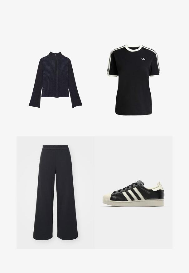 Tumma laivansininen ribattu pooloneule, jossa on pitkät hihat. Kankaan pinnassa on hieno kiilto ja pystysuorat raidat. Vetoketjuyksityiskohta kauluksessa.; Mustat puuvillapaidat, joissa on valkoiset yksityiskohdat kauluksessa ja hihoissa, jossa on kolme valkoista raitaa kummallakin olkapäällä ja pieni logo rintataskussa.; Mustat leveät collegehousut, jotka on valmistettu pehmeästä kankaasta. Niissä on elastinen vyötärö ja pieni logo vasemmalla puolella.; Musta nahkasneakeri, jossa on valkoiset raidat, kuminen varvassuoja, mustat nauhat ja kermaisa ulkopohja. Suora pinta ja kiiltävä viimeistely.