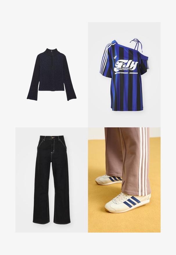Dunkelblauer, gerippter Rollkragenpullover mit langen Ärmeln. Der Stoff hat einen subtilen Glanz und vertikale Streifen. Reißverschlussdetail am Hals.; Gestreiftes, übergroßes Hemd in Blau und Schwarz mit einem schulterfreien Design, ausgestattet mit einem weißen Aufdruck und drei weißen Streifen am Ärmel.; Schwarze weit geschnittene Jeans aus Denim, mit kontrastierenden weißen Nähten und einem vorderen Knopfverschluss, ausgestattet mit zwei schrägen Fronttaschen.; Cremfarbene Sneaker mit blauen Wildlederstreifen, weißen Schnürsenkeln und einer Gummisohle. Kombiniert mit grauen Jogginghosen mit weißen Seitenstreifen.