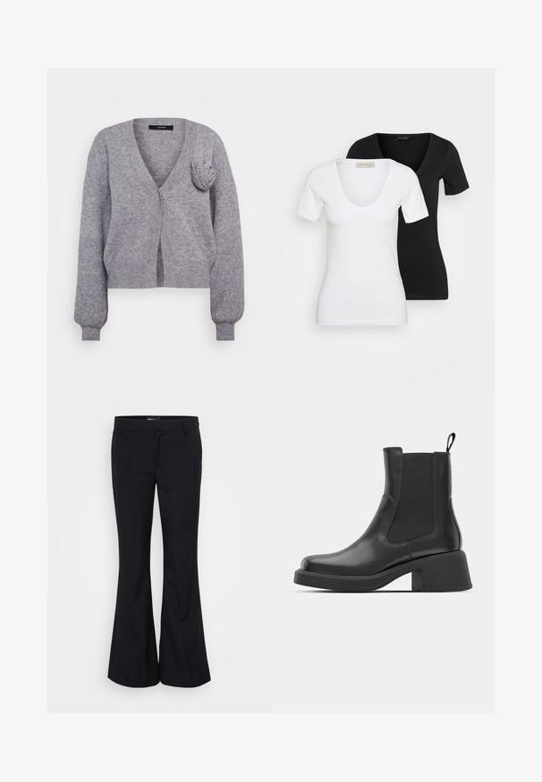 Cardigan cinza de malha com decote em V, fecho de botão único e um detalhe floral texturizado no ombro esquerdo. Corte curto e punhos canelados.; Duas camisetas de mangas curtas e ajustadas em V, uma branca à frente e uma preta atrás, exibidas sobre um fundo claro e simples.; Gina Tricot Tall RELAXED TROUSERS - Calças - black; Botas de tornozelo em couro preto com painéis laterais elásticos, biqueira arredondada e salto robusto em bloco. Textura suave com um design minimalista.