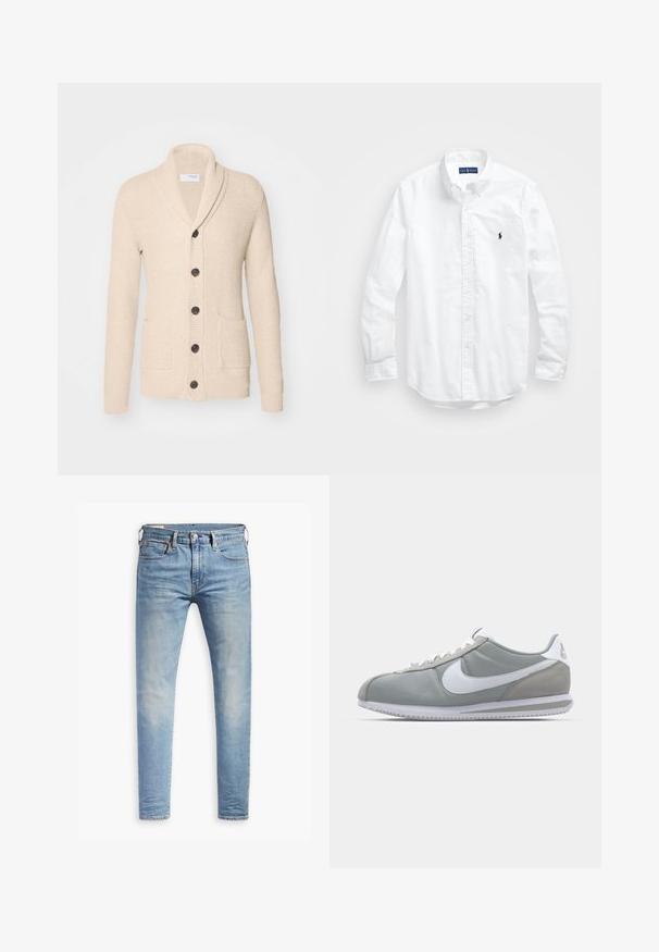 Beige adīta kardigāna ar šāla apkakli, piecām tumšām pogām, teksturētu audumu un divām priekšējām kabatām. Garas piedurknes ar ribām.; Balta garām piedurknēm pogājamā krekla izgatavots no kokvilnas. Iezīmē klasisku apkakli, poga aproces un mazu tumši zilu izšūtu logo uz krūšu.; Gaiši zili pieguļoši džinsi ar nelielu izbalēšanu uz gurniem, ar pogu aizdari priekšā, jostas cilpām un piecu kabatu stilu uz baltā fona.; Pelēkie sporta apavi ar zamša un tekstila augšu, balto Nike logotipu un baltiem šņorēm. Iezīmējas ar strukturētu gumijas zoli un mīkstu apkaklīti.