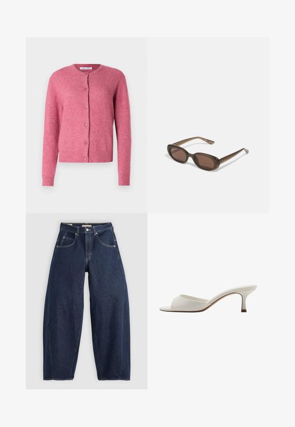 Rosa Strickjacke aus weichem Material. Sie hat einen runden Halsausschnitt, lange Ärmel, eine Knopfverschluss sowie gerippte Bündchen und Saum.; PULL&BEAR Top - white; Dunkelblaue Denim-Jeans mit lockerer Passform, heller Naht, fünf Taschen und einem Knopfverschluss am Bund.; Weiße, offene High-Heel-Mules mit glatter Oberfläche, minimalistischer Gestaltung und schlankem Absatz, ausgestattet mit einem subtilen braunen Akzent auf der Sohle.; Braune ovale Sonnenbrillen mit dunklen Gläsern. Das Gestell besteht aus einem transparenten braunen Material und hat ein auf den Bügeln aufgedrucktes Logo.; Grüne Lederhandtasche mit glatter Textur, gebogenem Design und geflochtenem Griff. Verfügt über einen Reißverschluss und einen verstellbaren Riemen.