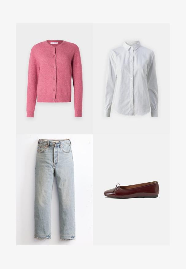 Pink cardigan made of soft material. It features a round neckline, long sleeves, button closure, and ribbed cuffs and hem.; White button-up shirt made of smooth cotton, featuring a classic collar, long sleeves, and a curved hem. Buttons are small and white.; Light blue denim jeans with a straight leg design, featuring distressed hem, copper rivets, and a classic five-pocket style.; Burgundy patent leather ballet flat with a rounded toe, small bow accent at the front, and a low, black rubber sole. Smooth texture.
