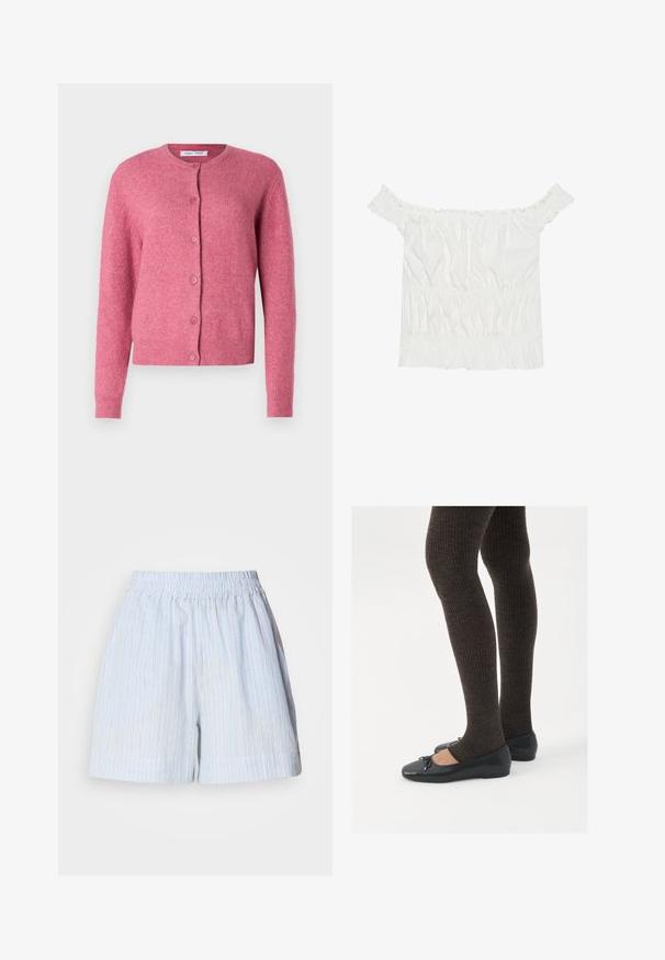 Cardigan roz, confecționat dintr-un material moale. Are un decolteu rotund, mâneci lungi, închidere cu butoane și manșete și tiv ribbed.; Un top alb off-the-shoulder cu accente volanate, textură pliată și talie elastică. Fabricat dintr-un material moale din bumbac.; Șorturi bleu deschis cu dungi verticale albe și bleumarin. Prezintă un tiv elastic și o croială lejeră. Fabricate dintr-un material moale.; Pantofi negri cu un detaliu mic de fundiță la vârf, asortați cu colanți maro închis, cu textură ondulată. Pantofii au o textură netedă și un profil joase.