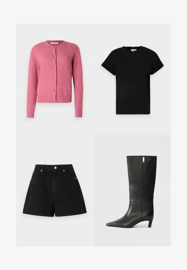 Ružový kardigán vyrobený z mäkkého materiálu. Má okrúhly výstrih, dlhé rukávy, zapínanie na gombíky a rebrované manžety a lem.; Čierne bavlnené tričko s krátkymi rukávmi, ktoré sú zvinuté, s vyrazeným logom v strede a malým flag akcentom na boku.; Čierne denimové šortky s vysokým pásom, piatimi vreckami, striebornými dekoráciami a štandardným strihom, s hladkou textúrou a čistým dokončením.; Čierne kožené čižmy po kolená s špicatou špičkou a malým podpätkom. Značujú elegantný dizajn s detailom zlatého akcentu. Hladký povrch.