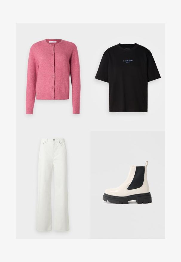 Rožinė kardiganas, pagamintas iš minkštos medžiagos. Jame yra apvalus kaklas, ilgomis rankovėmis, sagų užsegimas ir raukšlėti rankogaliai bei apatinė dalis.; Juodas medvilnės marškinėliai su apykakle, trumpomis rankovėmis ir mėlynai siuvinėtu "Calvin Klein JEANS" logotipu priekyje.; Samsøe Samsøe SHELLY - Laisvo kirpimo džinsai - clear cream; Kreminės odos Chelsea botai su masyvia juoda padu ir juodą elastinę šoninę dalį prieš baltą foną.