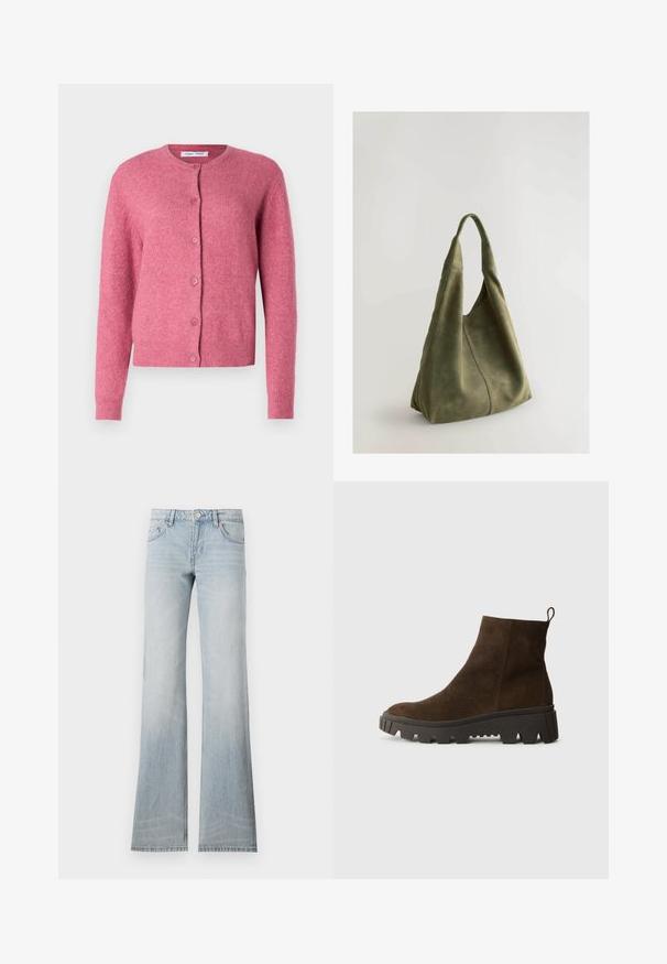 Roza kardigan iz mehkega materiala. Ima okrogel izrez, dolge rokave, zaponko ter rebraste manšete in rob.; Rjav flis brezrokavnik z mehko teksturo, okroglim ovratnikom, sprednjim zapiranjem na pritiskače in stranskimi žepe; ima majhen logotip.; Svetlo modra dolgimi rokavi polo majica z vodoravnimi sivo-belimi črtami in ovratnikom.; Svetlo modri samostojni traper hlače z bledečo obdelavo, petimi žepi in gumbom za zapiranje. Tkanina ima gladko teksturo in rahlo raztegljivost.; Rjavi zamšasti gležnjarji z debelim črnim gumijastim podplatom, ki imajo rahlo peto in zanka na hrbtni strani za lažno obuvanje.; Zeleno semiš torba z mehko teksturo, ohlapna zasnova in šivani šivi. Ima eno ročico in odprt glavni predel.