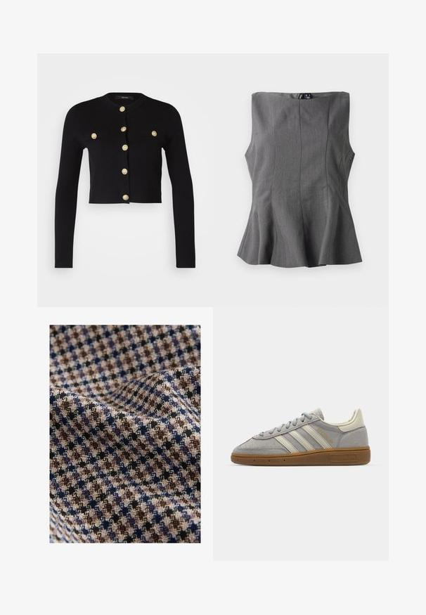 Cardigan noir court avec des manches longues, doté de boutons décoratifs dorés et de deux poches avant. Fabriqué à partir d'un tissu doux et texturé.; Haut peplum gris avec un design structuré et sans manches. Fabriqué en tissu lisse, doté de coutures verticales et d'un décolleté droit.; Tissu à motif à carreaux présentant des couleurs beige, marron, bleu marine et noir avec une finition texturée. Aspect doux et drapé.; Baskets en suède gris avec des rayures en cuir gris clair et une semelle en caoutchouc caramel. Les caractéristiques incluent un laçage et un branding discret sur la languette.
