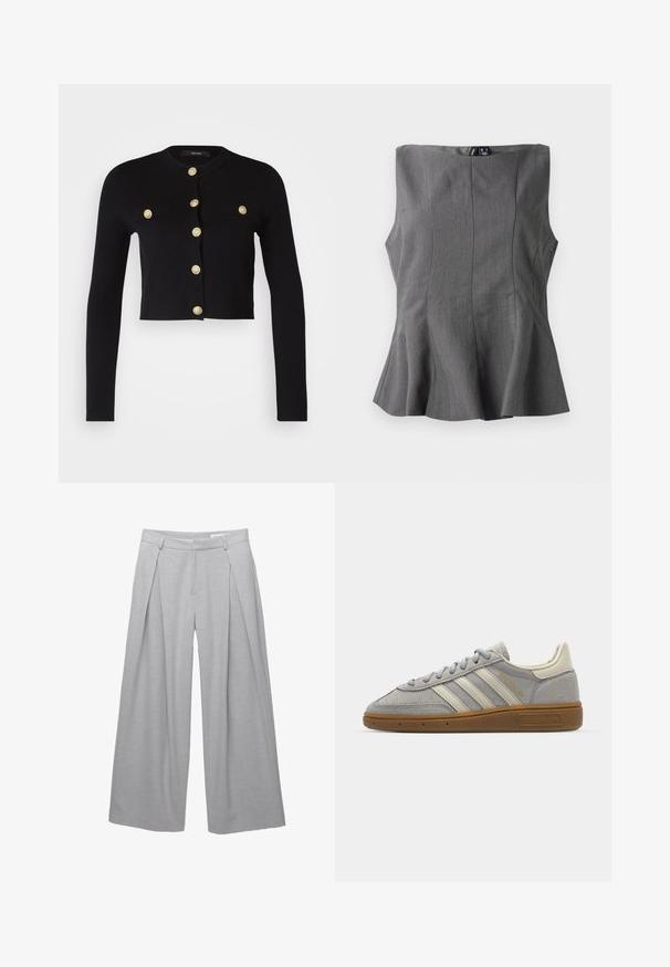 Black cropped cardigan with long sleeves, featuring gold decorative buttons and two front pockets. Made from a soft, textured fabric.; Gray peplum top with a structured, sleeveless design. Made of smooth fabric, featuring vertical seams and a straight neckline.; Light gray wide-leg trousers, made from textured fabric, featuring front pleats, belt loops, and a tailored waist. No visible closures.; Gray suede sneakers with light gray leather stripes and a gum rubber sole. Features include lace closure and subtle branding on the tongue.