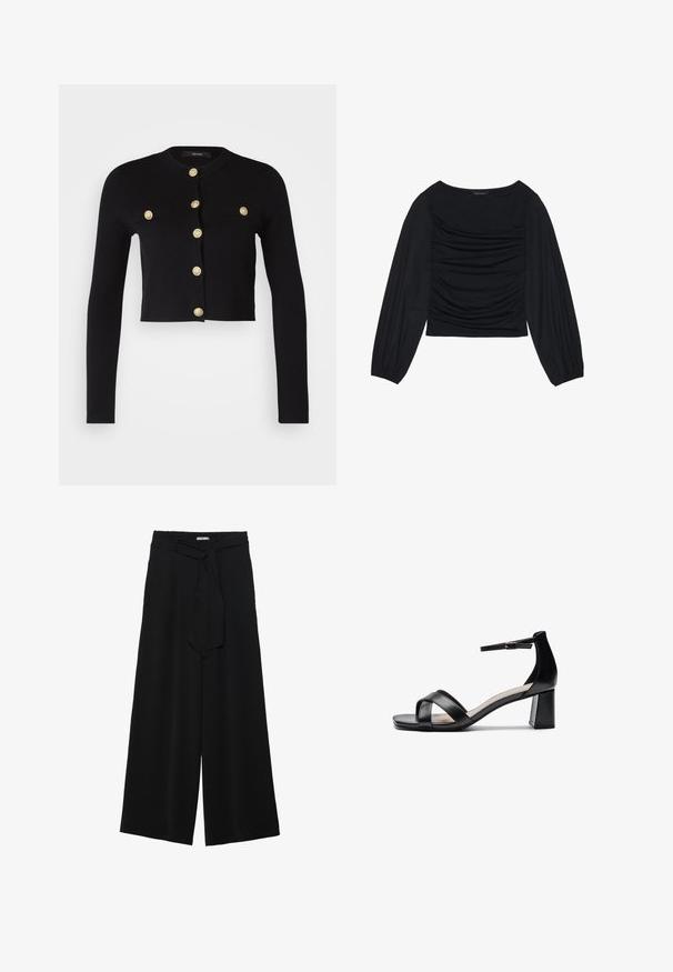 Juoda trumpa megztinė su ilgomis rankovėmis, puošniomis auksinėmis sagomis ir dviem priekinėmis kišenėmis. Pagaminta iš švelnaus, tekstūruoto audinio.; Juodas ilgomis rankovėmis viršus, su surinkta medžiaga priekyje ir ant riešų, pagamintas iš minkštos, elastingos medžiagos, su laivagalio kaklu.; Juoda plačių kojų kelnės, pagamintos iš tekstūruoto audinio, su elastingu juosmeniu ir atsegamu diržu juosmenyje, leidžiančiu reguliuoti dydį.; Juodos atviros pirštų aukštakulnės šlepetės su kryžminėmis dirželiais, reguliuojamu kulkšnies dirželiu ir masyviu kulnu, pasižyminčios lygaus odos tekstūra.