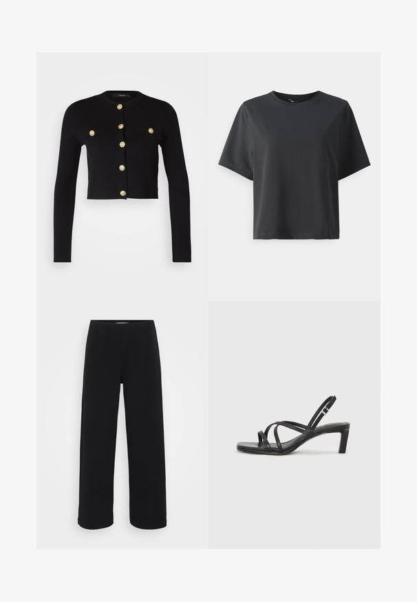 Must tisler, millel on pikad varrukad, kullakarva dekoratiivnuppudega ja kaks esist taskut. Valmistatud pehmest, tekstuuriga kangast.; Must musträtik, lühikesed varrukad, ümar kaelus, vabalt lõigatud, sile tekstuur, lihtne disain, ilma mustrite või aksessuaarideta.; Mustad laiad püksid elastse vöökohtaga. Valmistatud tekstuurilisest materjalist, millel on lõtv istuvus ja sirge lõige puusadest heleni.; Mustast rihmajalatsid ruudukujulise varba ja madala ploki kontsaga. Omab mitmeid õhukesi rihmasid ja reguleeritavat pahkluu rihma. Valmistatud siledast nahast.