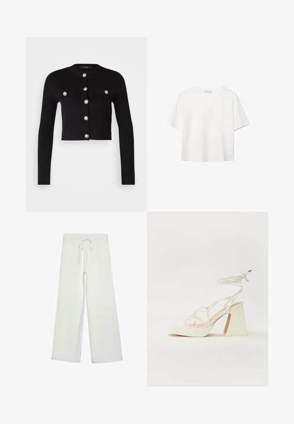 Cardigan noir court avec des manches longues, doté de boutons décoratifs dorés et de deux poches avant. Fabriqué à partir d'un tissu doux et texturé.; T-shirt blanc à manches courtes en coton. Doté d'un col ras du cou et d'une coupe décontractée. Texture lisse sans motifs ni accents visibles.; Pantalons larges blancs en tissu doux. Dotés d'une taille élastique avec cordon de serrage et d'une texture lisse. Aucuns motifs visibles ni éléments en métal.; Sandale blanche à talons hauts avec un talon épais, présentant un design à lanières et un lien autour de la cheville. Texture lisse avec une plateforme à l'avant pour une hauteur supplémentaire.
