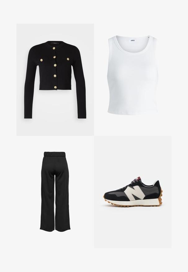 Cardigan preto cropped com mangas longas, apresentando botões decorativos dourados e dois bolsos frontais. Feito de um tecido macio e texturizado.; Top curto branco com nervuras, apresentando um decote redondo, design sem mangas e um comprimento cropped. Rótulo lê "JJXX." Textura de tecido suave.; Calças largas e pretas com uma cinta elástica, feitas de um tecido suave. Apresentam um design limpo, sem bolsos ou detalhes de costura visíveis.; Sneaker em camurça preta e cinza com um grande logótipo "N" creme, cordões roxos e uma sola de borracha texturizada em cor de goma.