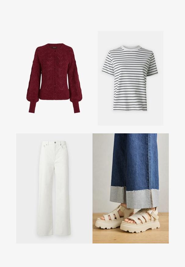 Bordeauxfarbener Strickcardigan mit rundem Halsausschnitt, Knopfverschluss und geripptem Saum. Verfügt über strukturierte Muster und Puffärmel.; Weißes Baumwoll-T-Shirt mit horizontalen schwarzen Streifen, kurzen Ärmeln und Rundhalsausschnitt. Glatte Textur mit lässiger Passform.; Samsøe Samsøe SHELLY - Jeans Relaxed Fit - clear cream; Beige Plattform-Sandalen mit dicken Sohlen verfügen über ein Riemchen-Design und verstellbare Knöchelriemen. Getragen zu weit geschnittenen Denim-Hosen, ist ein Saum ausgefranst.