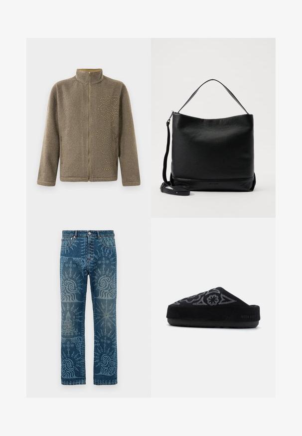 Fleecasta jakna u smešnoj boji, s visokim ovratnikom, zatvaranjem na zip i ukrasnim zlatnim čavlima u spiralnom uzorku s jedne strane.; Bijela košulja s dugim rukavima na dugme, izrađena od pamuka, s džepom na prsima s ton-sur-ton vezom, ovratnikom i dugmadi na manžetama.; Traperice u srednjem plavom pranju, s zamršenim svijetloplavim uzorcima, ravnog kroja, klasičnog pet džepnog stila i zatvaranjem na gumbe.; Crne zamšaste cipele bez vezica s izvezenim dizajnom, okruglim vrhom, debelim potplatom i natpisom "MOON BOOT" na peti. Teksturalna površina.; Crna kožna torba preko ramena s teksturiranim završetkom, zakrivljenim vrhom i odvojivim remenom. Ima jednostavan dizajn s minimalnim hardverom.