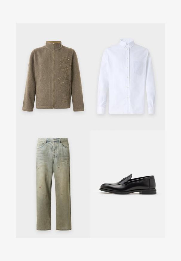 Barna fleece dzseki, magas gallérral, cipzárral és dekoratív arany szegecsekkel, amelyek örvénylő mintát alkotnak az egyik oldalon.; Fehér, hosszú ujjú, gombos ing pamutból, mellzsebbel, tónusos hímzéssel, gallérral és gombos mandzsettával.; Fakó zöld, kopott farmerszadrág, egyenes lábbal, ötk zsebes kialakítással, egyenetlen kopással és festékcseppekkel.; Fekete bőr loaferek sima textúrával, kerek orral és dekoratív pánttal a vampnál. Alacsony, rétegelt sarkú, minimalista dizájn.