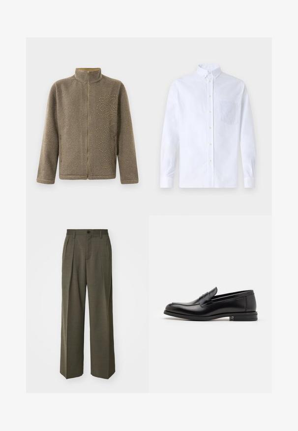 Jachetă din fleece de culoare maronie, cu guler înalt, închidere cu fermoar și studuri decorative aurii într-un model spiralat pe o parte.; Cămașă albă cu mânecă lungă, din bumbac, prevăzută cu un buzunar pe piept cu broderie tonală, guler și manșete cu buton.; Filippa K WIDE TROUSERS - Pantaloni - driftwood; Mocasini din piele neagră cu o textură netedă, vârf rotund și o curea decorativă peste partea superioară. Toc mic, design minimalist.