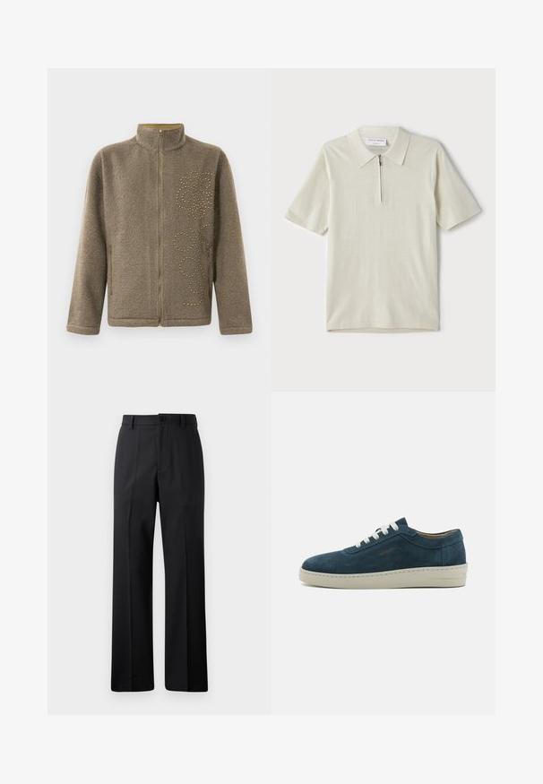 Hnedá fleece bunda s vysokým golierom, zipsom a ozdobnými zlatými nitmi v vírivom vzore na jednej strane.; Polo tričko s krátkymi rukávmi v svetlom béžovom odtieni so zipsom pri golieri. Vyrobené z hladkej látky, má jednoduchý, moderný dizajn bez vzorov.; Čierne nohavice s rovnými nohavicami a poutkami na opasok, s predným gombíkom a zipsovým uzáverom, vystavené na čistom bielom pozadí.; Modré semišové tenisky s zaoblenou špičkou, bielymi šnúrkami a gumovou podrážkou. Obsahujú jemné šitie a značkový akcent na boku.
