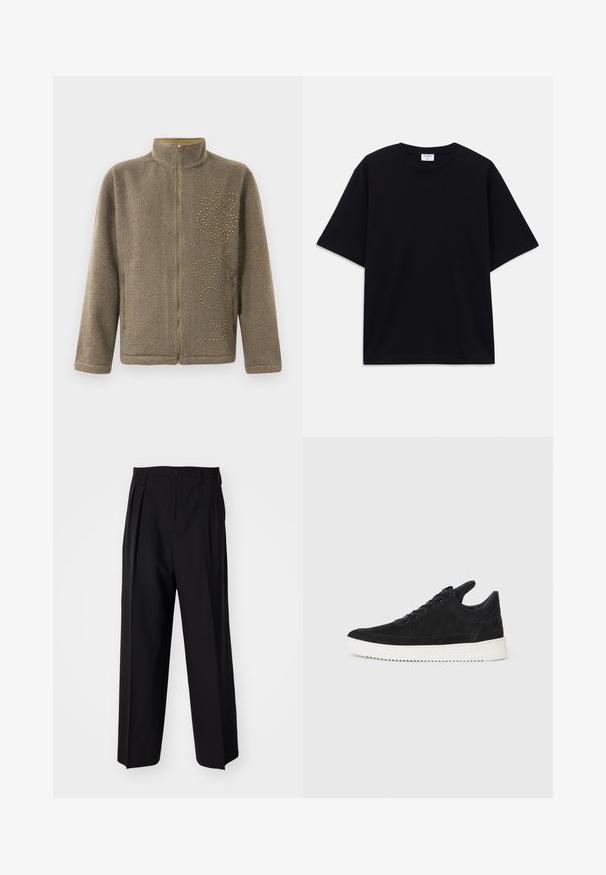 Fleece jacket in brown, featuring a high collar, zip closure, and decorative gold studs in a swirling pattern on one side.; Black short-sleeve oversized T-shirt with round neckline and visible Filippa K brand label inside the collar.; Black pleated trousers with a straight, wide-leg design. Made from smooth fabric, featuring a button closure and belt loops.; Black suede sneaker with a white rubber sole, featuring tonal stitching and lace-up design. Smooth texture with a modern, streamlined shape.