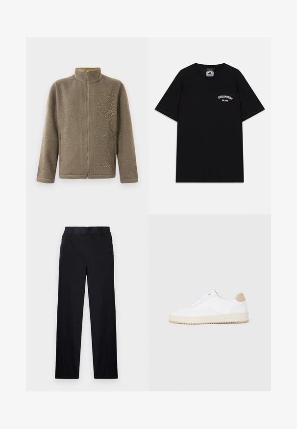 Rudos spalvos flisinė striukė, su aukštu apykakle, užtrauktuku ir dekoratyviais auksiniais kaiščiais, formuojančiais sukimosi modelį vienoje pusėje.; Juodas medvilnės marškinėliai su trumpomis rankovėmis, su baltu "DSQUARED2 MILANO" logotipu krūtinėje. Apvalios iškirpės dizainas, lygus tekstūros.; Juodos kelnės, pagamintos iš lengvos tekstūruotos medžiagos, tiesaus silueto, su elastingu juosmeniu ir šoniniais užtrauktukų kišenėmis.; Baltos žemos sportbačiai su tekstūruota odine viršutinė dalimi, kreminė banguota priekiu ir ruda kulno akcentu. Yra baltos raištelės ir logotipas ant kulno.