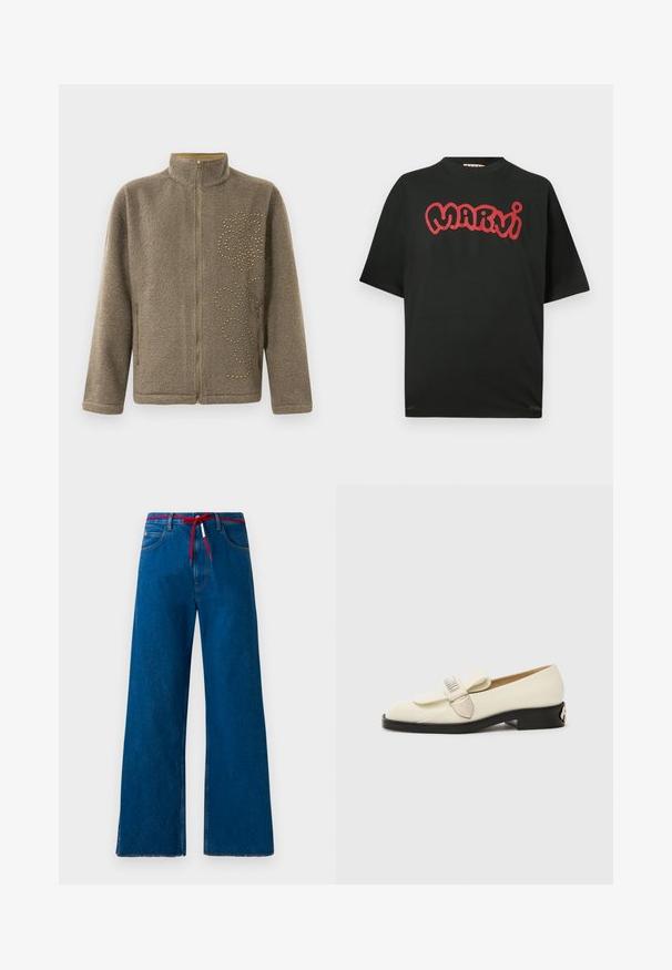 Fleece jacket in brown, featuring a high collar, zip closure, and decorative gold studs in a swirling pattern on one side.; Black short-sleeve T-shirt with red stylized "Marni" text across the chest, featuring a round neckline and relaxed fit.; Wide-leg blue denim jeans with a red drawstring at the waist, featuring a classic five-pocket design and frayed hem.; Cream leather loafers with a round toe, featuring a decorative bow and metallic accent, set on a low black heel. Smooth texture throughout.