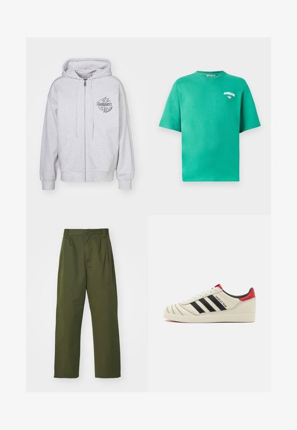 Sivá mikina na zips s predným vreckom, nastaviteľnými šnúrkami a čiernym logom so zábleskami na ľavej hrudi. Mäkka textúra.; Zelené bavlnené tričko s okrúhlym výstrihom, krátkymi rukávmi a vyšitým logom "ADIDAS" na hrudi, s kvetinovým akcentom pod textom.; Olivové vysoké nohavice s rovnými nohavicami. Vyrobené z ľahkej látky, s prednými skladmi a zapínaním na gombík.; Krémové kožené tenisky s čiernymi pruhmi, červenými akcentmi na päte a štruktúrovanými detailmi. Obsahujú gumovú podrážku a šnurovanie.