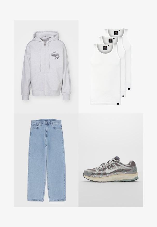 Pelēks kapucis ar rāvējslēdzēju, priekšpuses kabatu, regulējamiem aukliņām un melnu logotipu ar zibens tēliem kreisajā krūtīs. Mīksta tekstūra.; Trīs baltas ribotas krūšturi, kas izgatavoti no kokvilnas. Iezīmēti ar apaļu kakla izgriezumu un maziem melniem etiķetēm tuvu apakšmalai. Pieejami vairākos izmēros.; Gai zila džinsu bikses ar taisnu kāju dizainu, kas piedāvā vidēju vidukļa augstumu, piecas kabatas un pogas un rāvējslēdzēja aizdari.; Pelēkie sporta apavi ar tīkla un zamša augšdaļu, baltiem akcentiem, mīkstinātu zoli un izcilu dizainu ar atstarotājiem.