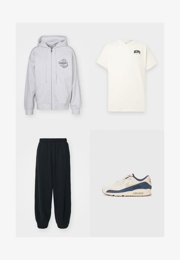 Sudadera con cremallera gris, con un bolsillo frontal, cordones ajustables y un logo negro con relámpagos en el lado izquierdo del pecho. Textura suave.; Camiseta de algodón color crema con mangas cortas, que presenta "NIKE SB" en texto negro y rojo en el pecho. Cuello redondo estándar.; Pantalones de chándal negros con cintura elástica, de corte holgado, con puños en los tobillos, textura suave y sin patrones visibles ni acentos metálicos.; Zapatillas con parte superior de cuero crema y gamuza azul marino, que presentan una suela de aire visible, suela de goma beige y un acento rojo en el talón.