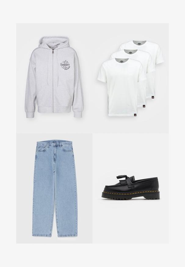 Gray zip-up hoodie with a front pocket, adjustable drawstrings, and a black logo featuring lightning bolts on the left chest. Soft texture.; Three plain white cotton t-shirts with short sleeves. Each shirt features a round neckline and a small black logo tag on the left side.; Light blue denim jeans with straight leg design, featuring a mid-rise waist, five pockets, and a button and zipper closure.; Black leather loafer with a tasseled accent, featuring a chunky black sole and yellow stitching along the edge. Textured finish.