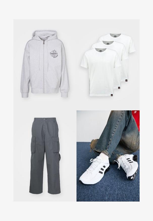 Hallide hallidega hall kapuutsiga jakk, ees tasku, reguleeritavad nöörid ja must logo, millel on välgud vasakul rinnal. Pehme tekstuur.; Kolm üksikut valget puuvillast T-särki lühikeste varrugatega. Igal särgil on ümmargune kaelus ja väike must logo sildik vasakul küljel.; Tumed hallid cargo-püksid; sisaldavad mitmeid küljetaskuid, mugavat lõiget ja nööbiga kinnitust vöökoha juures.; Valged võrgust spordijalatsid mustade aktsentidega, millel on tekstureeritud disain ja eristuv tald, kombineeritud siniste teksapükstega.