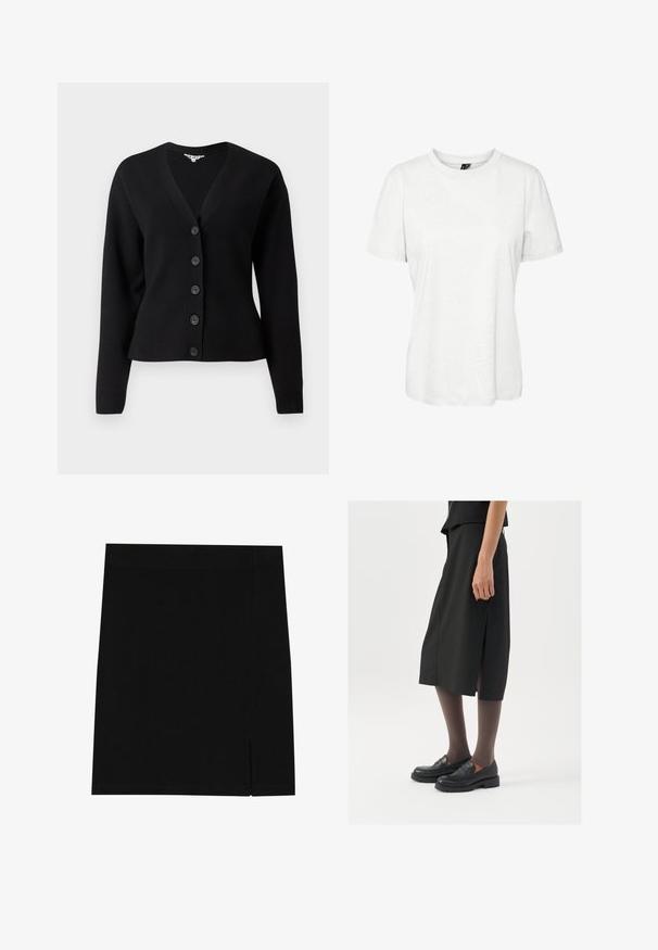 Black long-sleeve button-up cardigan with V-neckline and ribbed cuffs, displayed against a plain white background.; White short-sleeve t-shirt made of cotton with a round neckline and a relaxed fit. Smooth texture and no visible patterns or embellishments.; Black mini skirt made of soft fabric with a fitted design, featuring a slight slit on the side for added detail.; Black knee-length skirt with side slit, paired with black loafers and sheer brown tights, featuring a smooth fabric and simple design.