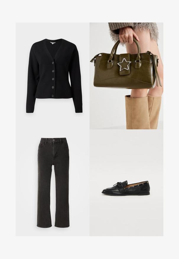 Black long-sleeve button-up cardigan with V-neckline and ribbed cuffs, displayed against a plain white background.; Grey cotton T-shirt featuring a classic crew neck, short sleeves, and a smooth texture, suitable for casual wear.; Black wide-leg jeans made of denim, featuring a front button closure, belt loops, and five pockets with a slightly faded texture.; Black leather loafers with a tied bow, featuring gold eyelet accents along the sides and a flat rubber sole. Smooth texture, classic design.; Olive green faux leather handbag with silver star accent, dual handles, and a zip closure. Textured surface and structured shape.