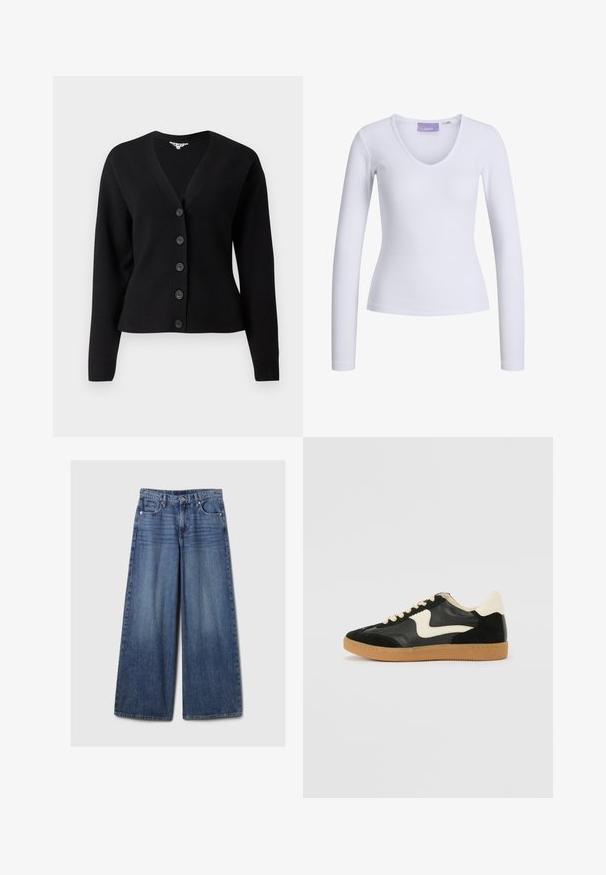 Black long-sleeve button-up cardigan with V-neckline and ribbed cuffs, displayed against a plain white background.; White long-sleeve top featuring a ribbed texture and a V-neck design. Tag visible inside neck with brand name "JJXX."; Wide-leg blue denim jeans with a faded finish, featuring a button and zipper closure, five pockets, and belt loops.; Black suede and leather sneaker with a cream side swoosh and light cream heel. Features beige laces and a gum rubber outsole.