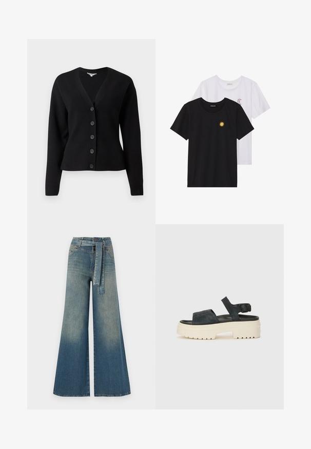 Cardigan nero a maniche lunghe con bottoni, scollo a V e polsini a coste, esposto su uno sfondo bianco semplice.; T-shirt in bianco e nero, girocollo, maniche corte. La maglietta nera presenta un ricamo di sole giallo; quella bianca ha un accento di luna crescente viola.; Pantaloni in denim a gamba larga con una sfumatura che va dal blu chiaro al blu scuro, vita alta, passanti per cintura e una cintura in tessuto coordinato. Finitura in denim strutturato.; Sandali platform in suede neri con una robusta suola bianca, ampia fascia frontale e fibbia regolabile alla caviglia. Suola testurizzata per una migliore aderenza.