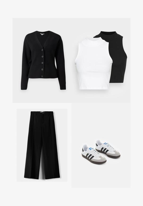 Črni dolg rokav gumbasti kardigan z V-izrezom in rebrastimi manšetami, prikazan na enobarvni beli podlagi.; Dva brezrokavniki z rebrasto turtleneck gorami v črni in beli barvi, z oblikovanim dizajnom in gladko teksturo, v skrajšani dolžini.; Črne široke hlače iz lahkega materiala, z zapiranjem na gumb spredaj in ravnim sprednjim delom, s skrbno zašiti robovi.; Športni čevlji z belim usnjenim zgornjim delom, sivim semišem na prstih in tremi črnimi črtami. Imajo modro logo na jeziku in teksturiran gumijast podplat.