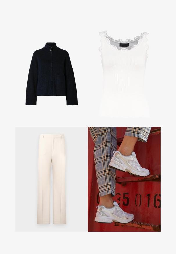 Navy zip-up cardigan made of textured fabric, featuring a high collar, two front pockets, and a circular zipper pull.; White ribbed tank top with lace trim on the neckline and sleeves. Features a soft texture and fitted shape. Brand label visible inside.; Beige tailored trousers with a straight-leg design, made from lightweight fabric. Features front pleats and a classic waistband.; White mesh sneakers with silver accents and a textured sole, positioned on a red surface, paired with plaid trousers.