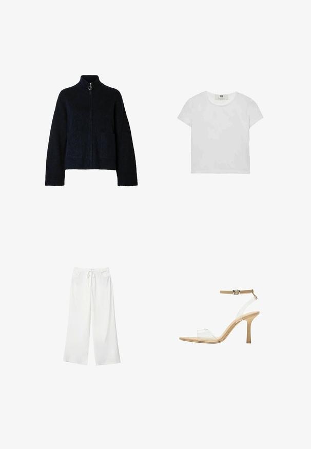 Mornarska zip-up jopica iz teksturiranega materiala, ki ima visok ovratnik, dva sprednja žepa in okroglo zadrgo.; Bela majica s kratkimi rokavi in okroglim ovratnikom, izdelana iz mehke bombažne tkanine, ki ima preprost, čist dizajn brez vidnih vzorcev ali poudarkov.; Bela široka hlače iz mehkega materiala, z vrvico v pasu in dvema sprednjima žepoma. Gladek texture in brez vidnih vzorcev.; Sandal z jasnim petnikom s prozornim zgornjim delom, bež podplatom in sivim trakcem okoli gležnja. Ima koničast nos in tanek visoki petek.