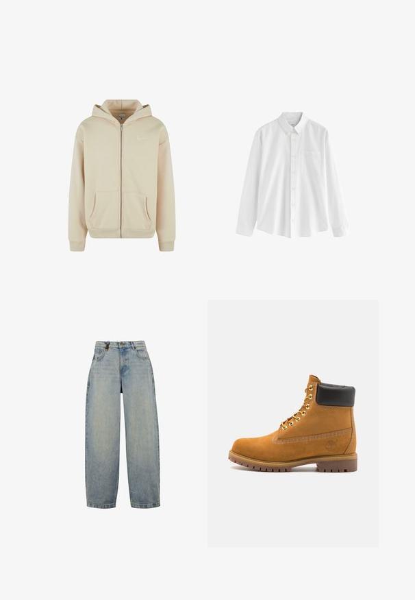 Felpa con zip beige, dotata di tasche frontali, polsini e vita a coste. Presenta un piccolo logo bianco sulla parte sinistra del petto. Tessuto morbido.; Camicia bianca a manica lunga realizzata in cotone, con colletto button-down, una tasca sul petto e una vestibilità comoda. Presenta piccoli bottoni lungo la parte anteriore.; Jeans in denim azzurro chiaro con vestibilità relaxed, caratterizzati da vita alta, gambali larghi, design classico a cinque tasche e dettagli in metallo.; Stivale alla caviglia in suede tan con collare imbottito nero, occhielli in metallo dorato, dettagli in cucitura bianca e suola in gomma robusta con battistrada pronunciato.